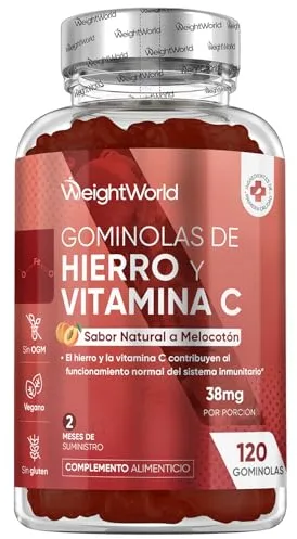 Gominolas de Hierro con Vitamina C 38mg - 120 Unidades, Sabor Natural a Melocotón - 28mg de Hierro para 2 Meses de Suministro, Vegano, Sin OGM, Sin Gluten y Keto