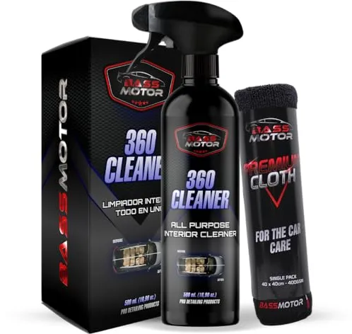 BassMotor Limpiador Todo en Uno Interior Multiusos para Coche Salpicadero Tapicería Limpia y Desengrasa Plasticos Asientos Cuero Uso Rápido y Fácil - 360 Cleaner 500ml + Bayeta Premium
