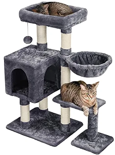 Yaheetech Árbol Rascador para Gatos 80x39.5x96 cm Torre para Gatos Juguete de Sisal con Nidos y Hamaca Gris Oscuro