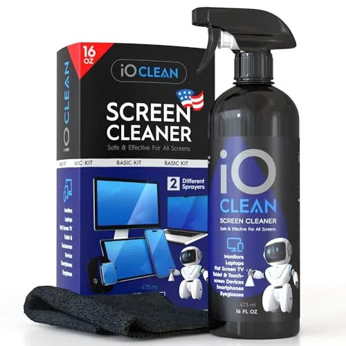 iO Clean Spray Limpiador de Pantalla (16 oz - 473 ml) – El Mejor Kit de Limpieza Grande para TV LCD LED OLED, Teléfono Inteligente, iPad, Computadora Portátil, Pantalla Táctil, Monitor de Computadora