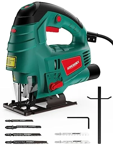 HYCHIKA Sierra de Calar 800W, Caladora con Láser, 800-3000SPM Motor de Cobre, ±45°Corte, 7 Velocidades Ajustables, Sierra Calar Eléctrica con 6 Hojas para Cotar Metal, Madera y Plástico