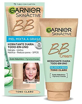 GARNIER Skin Active - BB Cream (para pieles mixtas a grasas, con SPF 25, Ácido Hialuronico, Extracto de Aloe Vera y Pigmentos Minerales, Hidrata, Unifica, Corrige e Ilumina) Tono claro - 50 ml