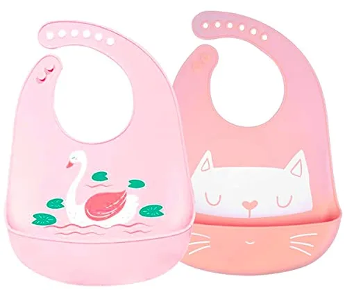 SLOSH Baberos Bebé Impermeables Silicona Flexible Suave de 6 Meses a 6 Años Grande Ajustable para Niña Waterproof Rosa