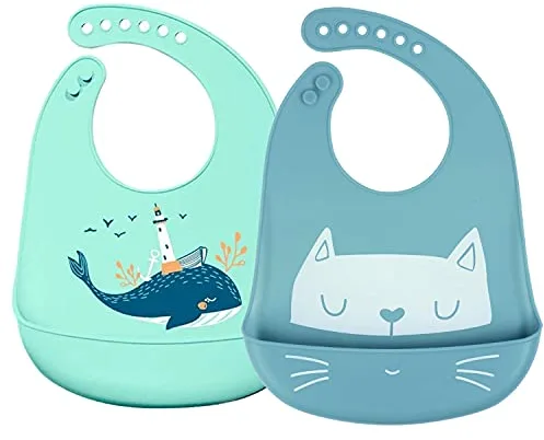 SLOSH Baberos Bebé Impermeables Silicona Flexible Suave de 6 Meses a 6 Años Grande Ajustable para Niño Unisex Waterproof