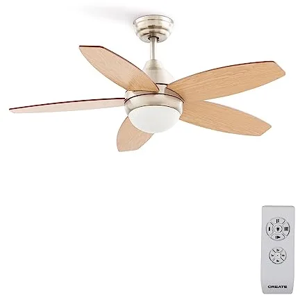 CREATE / WINDFLOWOOD/Ventilador de techo con luz níquel aspas madera natural con mando / 60W, Aspas reversibles, Ø107cm, 3 velocidades, 3 temperaturas de luz, función verano-invierno, 60W