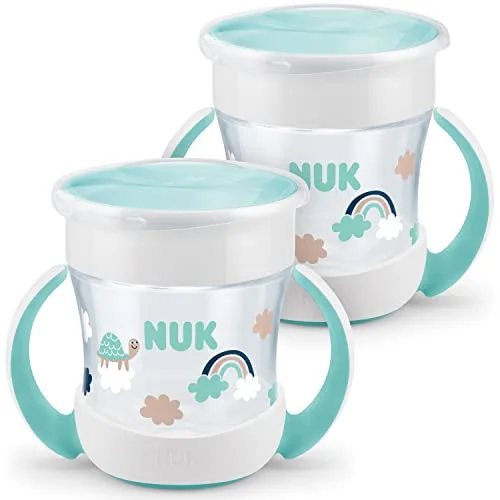 NUK Mini Magic Cup taza para sorber | Borde a prueba de derrames de 360° | +6 meses | Asas para facilitar la sujeción | Sin BPA | 160 ml | 2 unidades | Turquesa
