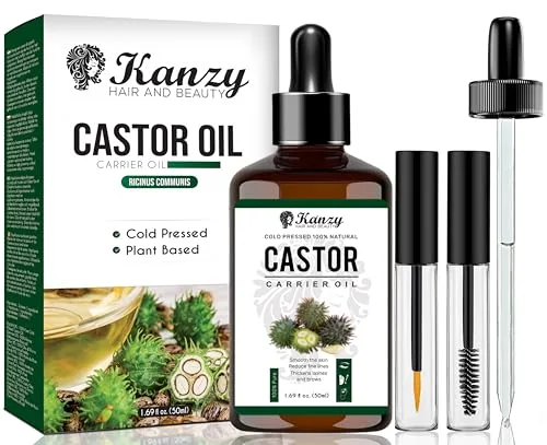 Kanzy Aceite de Ricino para Pestañas y Cejas 50ml Aceite de Ricino para Cabello, Barba, Uñas, Cuerpo y el Rostro Prensado en Frío, Ideal Aceite Pelo Crecimiento Cabello Castor Oil con Cepillos