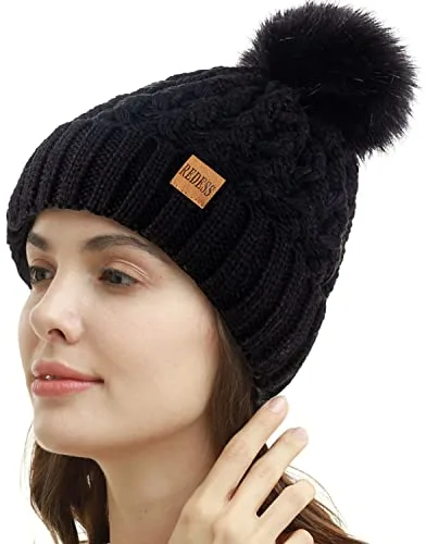 REDESS - Gorro de Invierno con pompón para Mujer, Gorros cálidos con Forro Polar, Gorro Cruzado de Punto de Nieve Holgado Grueso para Damas