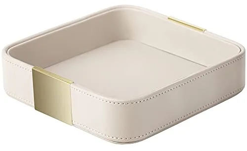 SANZIE Almacenamiento de escritorio de cuero de lujo, organizador pequeño, bandeja decorativa para mesa de entrada para guardar joyas, relojes, cosméticos, llaves, teléfono, cartera, accesorios para