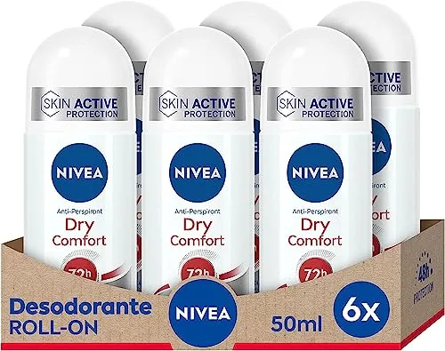 NIVEA Dry Comfort Roll-on en pack de 6 (6 x 50 ml), desodorante antitranspirante con protección 72 horas, desodorante roll on de cuidado femenino testado en la vida real