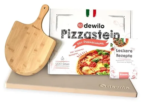 dewilo Piedra para pizza + pala para pizza para horno y parrilla: piedra rectangular (rectangular) de cordierita + libro de recetas – La placa de piedra para una pizza crujiente como del horno de