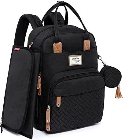 RUVALINO Mochila para Pañales, Bolso Cambiador Bebé con Esterilla Portátil, Portachupetes y Correas para el Cochecito, Bolso de Viaje Impermeable Multifuncional para Mamá y Papá, Negro