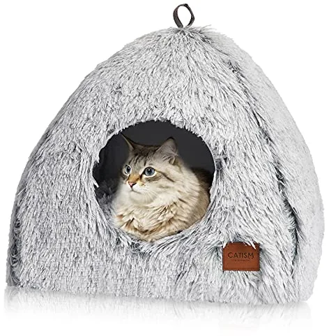 Cama para Gatos CATISM, Cama Caliente con Almohadas Blandas extraíbles y Lavables (40 x 40 x 37 cm), Adecuada para Gatos de Interior o pequeños Cachorros en hogares de acogida, Color Gris
