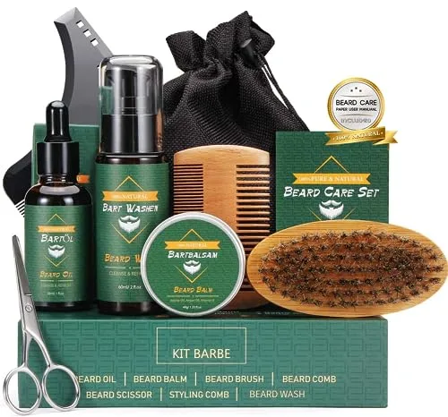 Kit Cuidado Completo para Barba de Hombres, con Champú, Aceite, Bálsamo, Cepillo, Peine, Tijeras, Bolsa de Viaje, Regalos para Papá, Novio, Caballero