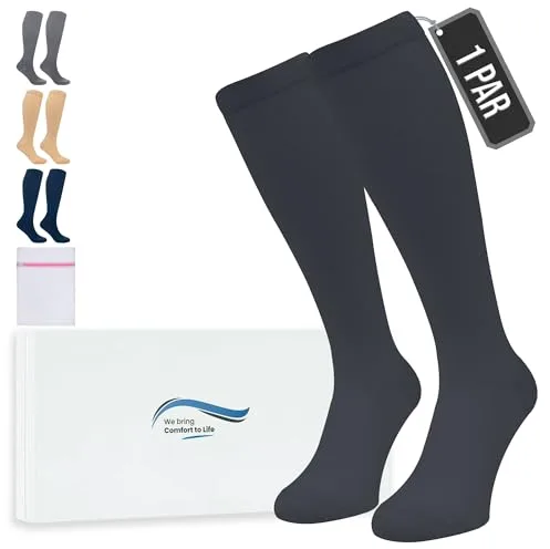 360 Relief Medias de Compresión para Mujeres y Hombres - 1 Par Calcetine de Compresión para Deportes, Correr, Volar, Viaje, Trabajo, Footing - L/XL Negro con Bolsa de Malla