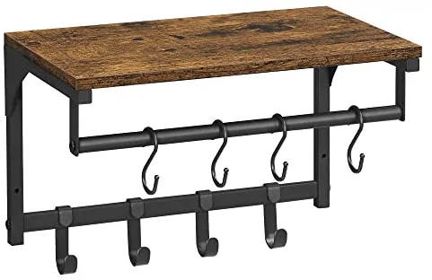 VASAGLE - Perchero de pared, mueble de entrada, vestuario, con 8 ganchos y estante, para salón, pasillo, dormitorio, 40 x 24 x 24 cm, marrón rústico y negro LCR103B01