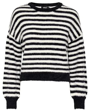 Only Jersey de Punto para Mujer ONLPIUMO, Negro/Rayas: W. Egret, M