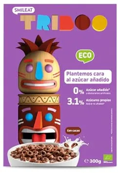 Smileat - Cereal TRIBOO Sabor a Cacao - Snack para peques - Sin Azúcar ni Sal Añadidos - Ecológico y 100% Vegetal - Textura Crunchy - Ideal con Leche o Yogur - 300g