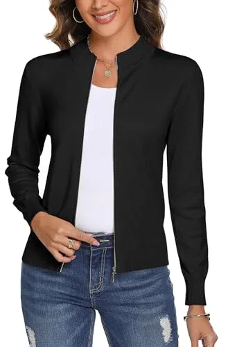 Aottori Cárdigan Negro para Mujer Manga Larga de Punto Suéter Cardigans Elegante Casual Cremallera Chaqueta Outwear Negro M