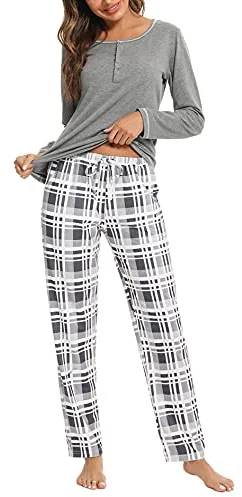 Litherday Pijama Mujer Invierno Algodón Suave y Transpirable Conjunto de Pijama Largo con Bolsillos y Cordón Ropa de Dormir Cómoda Talla Grande, Estilo B-Gris, S