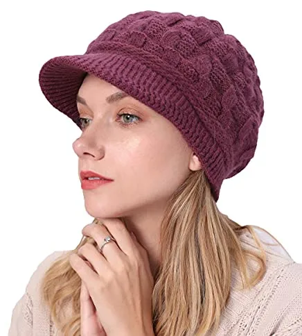 Gajaous Gorro de Invierno para Mujeres con ala, Gorro Tejido Slouchy para Chicas, Gorra de Lana Forrada de Polar con Visera, Gorros de Moda de Colores Variados para Climas Fríos