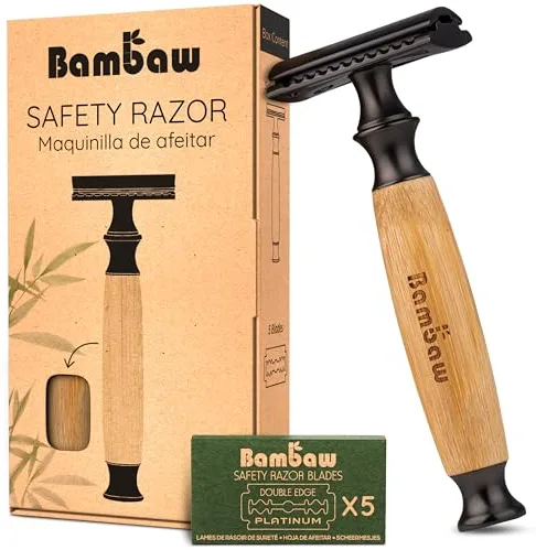 Bambaw Maquinilla de Afeitar Hombre Manual y Mujer, Incluye 5 Cuchillas Navaja Afeitar de Acero Inoxidable Sueco, Afeitado Clasico Apurado y Preciso, Fácil de Usar y Muy Segura (Clásico Oscuro Bambú)