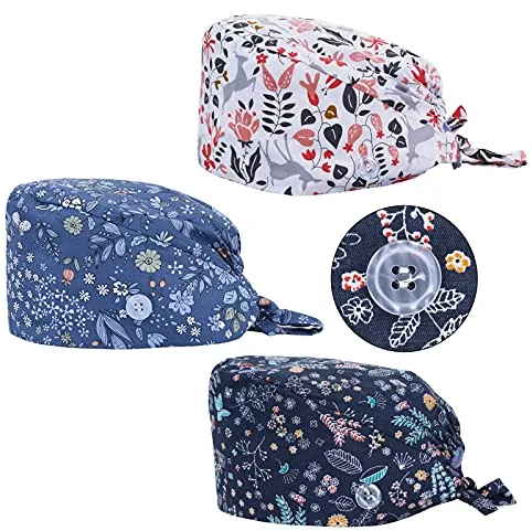 3 Piezas Gorro Quirofano Mujer Gorros de Trabajo con Botones Capuchas Ajustables con Banda para el Sudor Gorro Cocinero Cocina con Bolsa de Cola de Caballo Gorros de Ducha Quirofano Mujer
