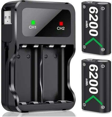 HELLCOOL Bateria para Mando Xbox, 2x6200mWh Pilas Recargables con Cargador Pilas/Cable Carga/Display LED, Compatible Xbox Series X|S/Xbox OneX|S|Elite Controller - 25 Horas de Juego