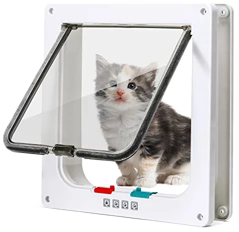 Nobleza - Puerta para Gato con Cierre Magnético de 4 Vías, para Mascotas y Perros Pequeños, con Cristal Transparente (Blanco, M)