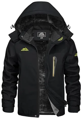 KEFITEVD Chaqueta de Esquí Impermeable de Invierno para Hombre Chaquetas de Snowboard de Lana Abrigo de Senderismo con Capucha Desmontable,Negro,L