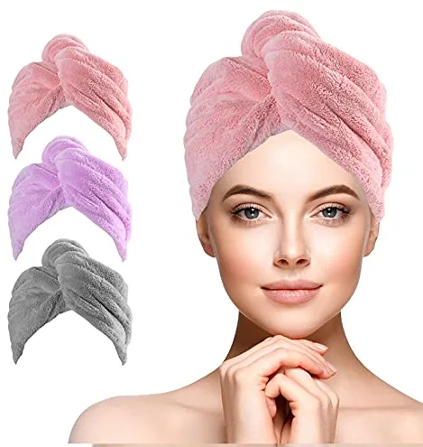 URAQT Toalla Para el Pelo, 3pcs Toallas de Pelo Turbante, Capucha para el Cabello Seco, Superabsorbente, Secado Rápido para el Cabello Mojado, Toallas de Ducha con Botones (A)