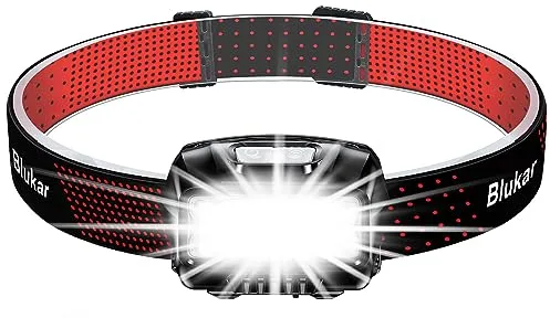 Blukar Linterna Frontal Recargable, 2000L Super Brillante Impermeable Linterna Cabeza LED Con Sensor de Movimiento y Luces de Advertencia Rojas, 8 Modos Luz, 30h de Tiempo Ejecución