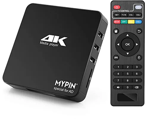 Reproductor Multimedia 4K, MYPIN Media Player HDMI 4K@60hz MP4 Soporte 8TB HDD/256G USB/Tarjeta SD Salida HDMI/AV para HDTV/PPT MKV AVI MP4 H.265-Soporte de Subtítulos de Publicidad/Temporización