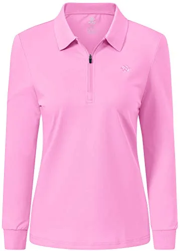 AjezMax Polo Mujer Camiseta Manga Larga Deportes Algodón Polo Trabajo Tenis Golf Tops con Cremallera Rosa M