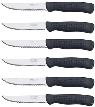 Arcos Serie Cuchillos de Mesa Chuleteros, Mango de Polipropileno, Apto para Lavavajillas, Negro, Hoja 110 mm, 6 Piezas (705500)