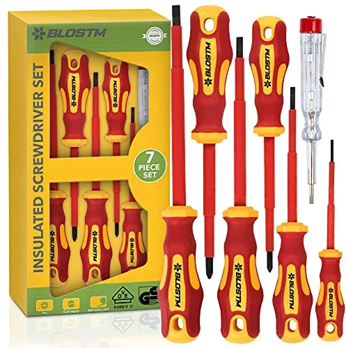 BLOSTM Juego Destornilladores Electricista 7 Pzs - Aislados 1000v VDE Punta Negra Endurecida con Diseño Ergonómico Antivuelco - Herramienta Profesional