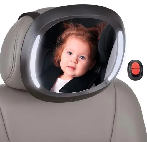 Espejo Coche Bebe con Luz LED Interbaby | Irrompible, Rotación 360º, Ajuste Universal | Espejo Retrovisor Asiento Trasero para Bebes, Instalación Fácil, Mando a Distancia, Negro