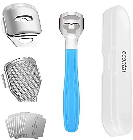 Econtal Cortacallos de Acero , Removedor de Callos, Raspador Pies Durezas y Callosidades, Lima Pies Manos Talones, Quita Callos y Durezas, 10 Cuchillas y Caja