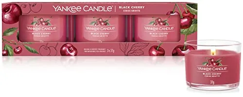 Yankee Candle Set de Velas Perfumadas, Velas Votivas Rellenas de Cereza Negra, Mezcla de Cera con Soya, Pack de 3 Unidades