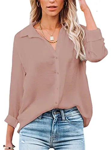 NONSAR Blusa para Mujer de Manga Larga y, Cuello de Pico, con Botones, Elegante, Informal, para Trabajo, Camisa de Manga Larga, Rosa Oscuro, M