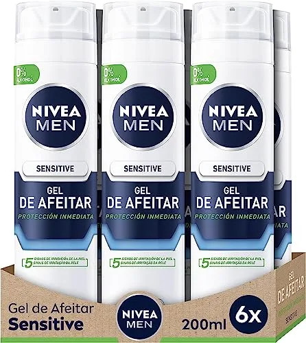 NIVEA MEN Sensitive Gel de Afeitar (6 x 200 ml), para piel sensible, gel facial con tecnología Ultra Glide para un afeitado libre de irritaciones