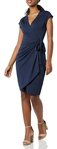 Amazon Essentials Vestido Cruzado clásico con Mangas Casquillo (Disponible en Tallas Grandes) Mujer, Azul Marino, XL