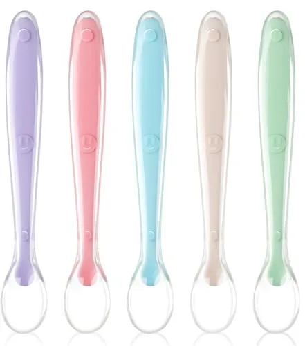 Vicloon Cuchara de Aprendizaje para Bebe, 5pcs, Silicona Suave, Cuchara de Punta de alimentación para Comer Independiente.