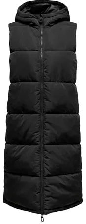 Only Women Long Puffer Vest | Padded Quilted Transitional Jacket Sleeveless | with Hood ONLALINA, Color:Negro, Talla:XS