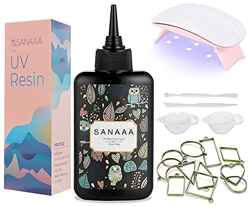 Kit de resina UV SANAAA 100 g UV con lámpara UV de 6 W - Resina transparente dura - Kit de inicio de 100 g - Resina de curado solar UV para hacer aretes, colgantes, joyería