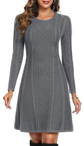 Aottori Vestido de Punto Mujer Suéter Manga Larga Cuello Redondo Elegante Casual Jersey Vestido Una Línea Otoño Invierno Gris S