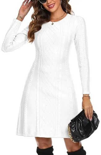 Aottori Vestido de Punto Mujer Suéter Manga Larga Cuello Redondo Elegante Casual Jersey Vestido Una Línea Otoño Invierno Blanco L