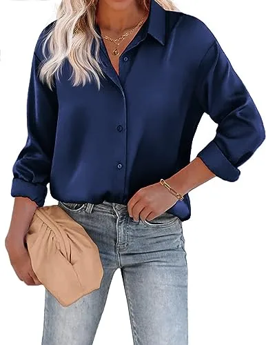 Beyove Camisa de satén para mujer, azul marino, S