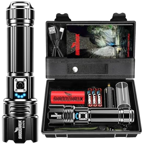 Shadowhawk Linternas LED Alta Potencia 1,000,000 Lúmenes, Linterna LED Recargable USB Táctica Militar Potente, XHP70.2 Linterna a Pilas, IPX67 Impermeable 5 Modos Portátil Linternas