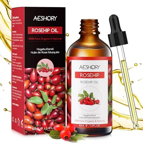 AESHORY Aceite de Rosa Mosqueta Puro 100ml con Ácidos Grasos Insaturados, Prensado en Frío Hidratante para Anti-envejecimiento, Desvanece la Cicatriz, Revitaliza la Piel y Cabello